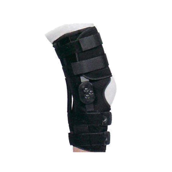 Attelle SUPPORT EVEREST – DONJOY Indications : -Immobilisation post-opératoire et réadaptation fonctionnelle. -Entorses de gravité modérée à grave des ligaments latéraux (LLI ou LLE) et du ligament croisé antérieur (LCA). -Protection de la cicatrisation ligamentaire après entorses légères. -Réathlétisation et reprise d’activité (sauf sports extrêmes). Caractéristiques : -Genouillère articulée, réglable en flexion/extension. -Attelle évolutive accompagnant la guérison du traumatisme et reprise d’activité. -Attelle postérieure modelable, amovible par bandes auto-agrippantes, permettant d’intensifier la rigidité de l’immobilisation. -Plots de limitation d’amplitude et blocage à 0°, 15°, 30°, 60°, 90°. -Modèle bilatéral.