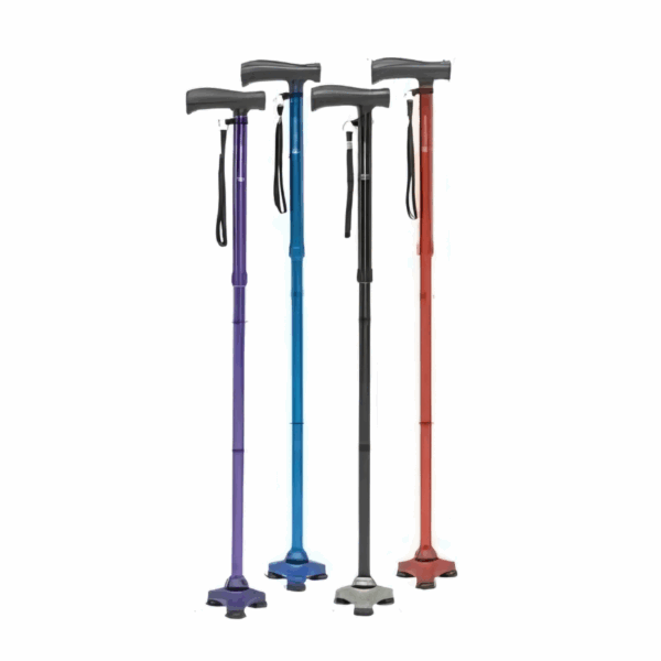 Canne pliable et réglable en hauteur. Avec une base pivotante à 360°, ainsi que 3 points de contact assurant stabilité quelque soit l’angle et la qualité du terrain.