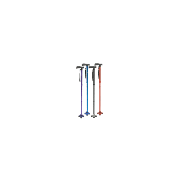 Canne pliable et réglable en hauteur. Avec une base pivotante à 360°, ainsi que 3 points de contact assurant stabilité quelque soit l’angle et la qualité du terrain.