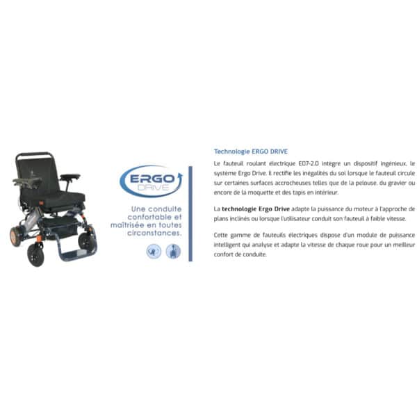 Fauteuil roulant électrique ERGOCONCEPT ERGO 07L / AA0 Ultra léger avec un poids de 22 kg Pliable en 3 secondes sans démontage Compact : adapté au coffre d’une petite voiture Utilisation en intérieur comme en extérieur Autonomie jusqu’à 30 kilomètres Adaptable avec de nombreux accessoires J'M Santé Béziers