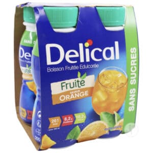 Boisson fruitée gamme diabétique DELICAL Gamme diabétique. Boisson fruitée édulcorée sans sucres 200ml. Apports nutritionnels: 8,2g de protéines, 10,2g de fibres et 261 kcal. Saveur : Orange, Multi-fruits, Pomme J'M Santé Béziers