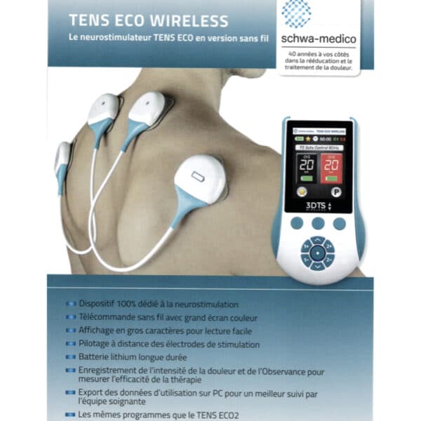 TENS ECO WIRELESS Le TENS ECO WIRELESS permet de soulager les douleurs chroniques tout en restant actif. Prix : 349,05 € J'M Santé Béziers